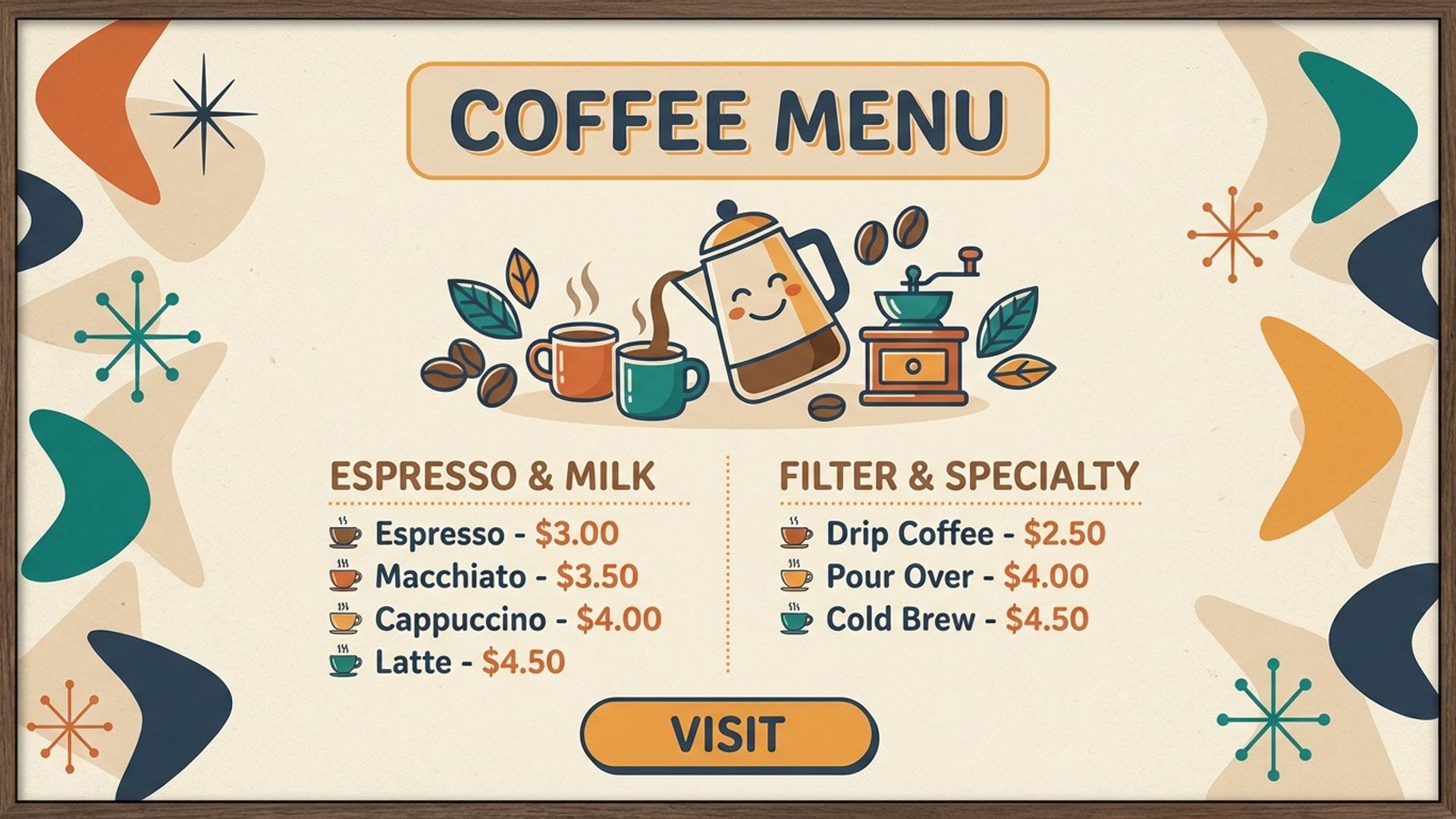 café digital signage showing midcentury coffee menu screen design