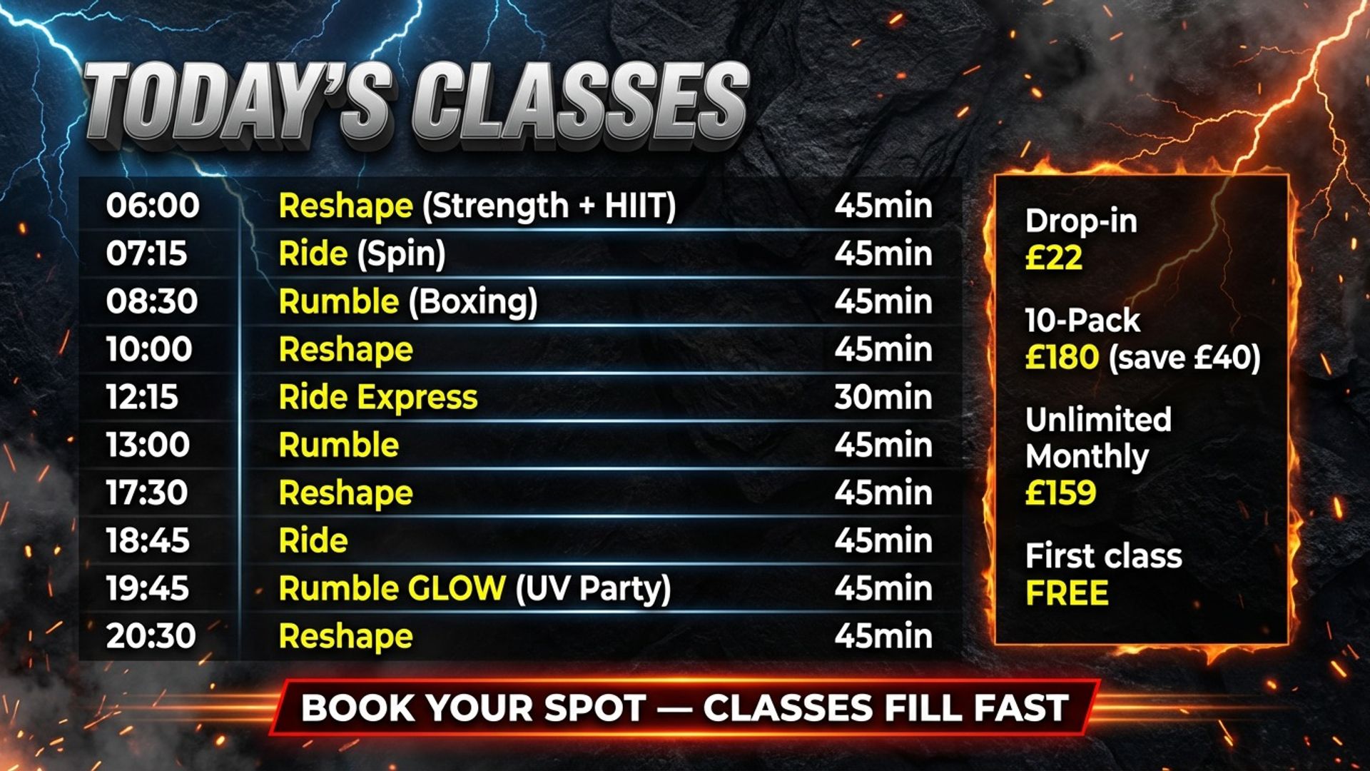 gym digital signage showing class timetable screen design
