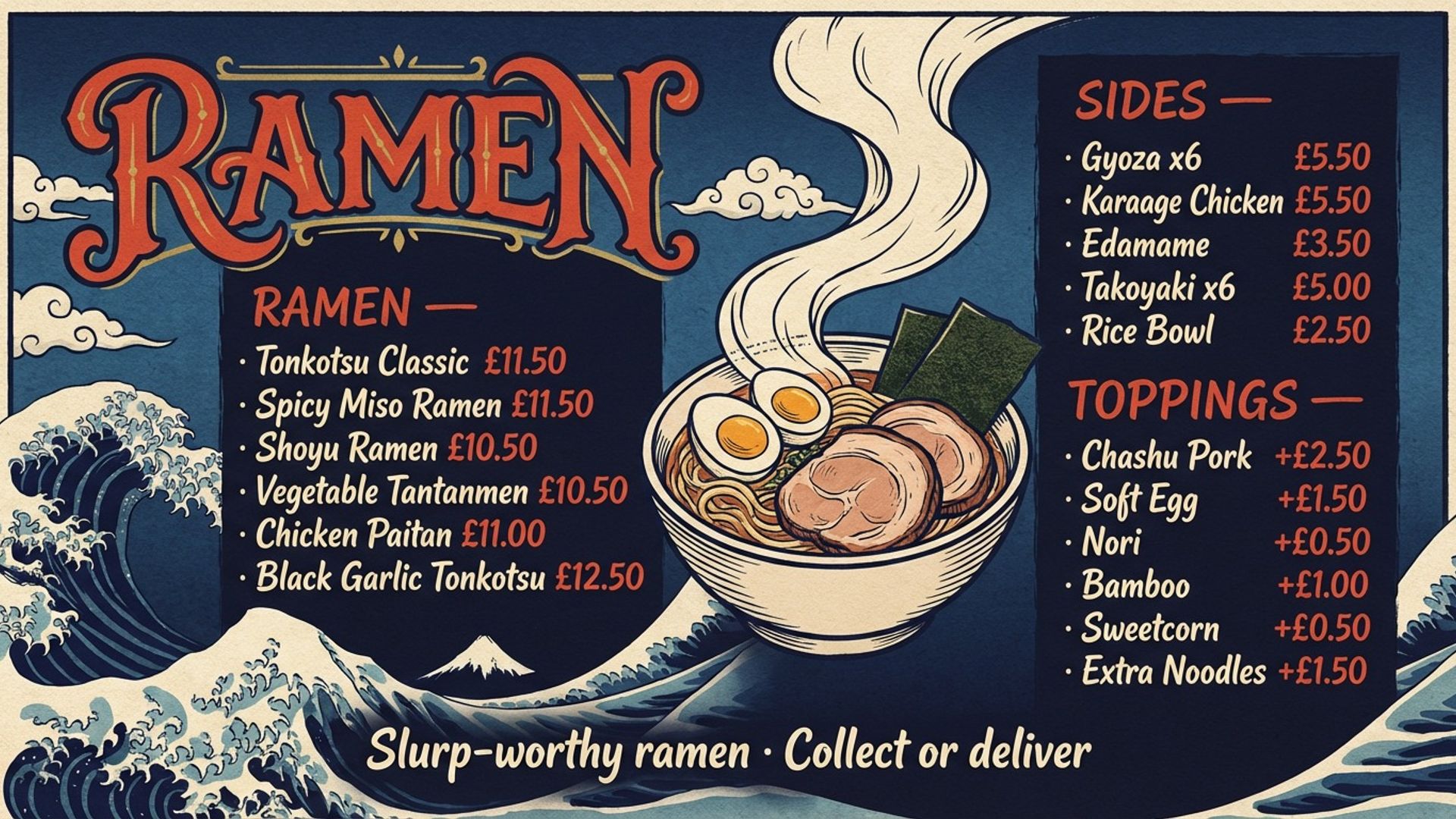 restaurant digital signage showing ukiyoe ramen screen design