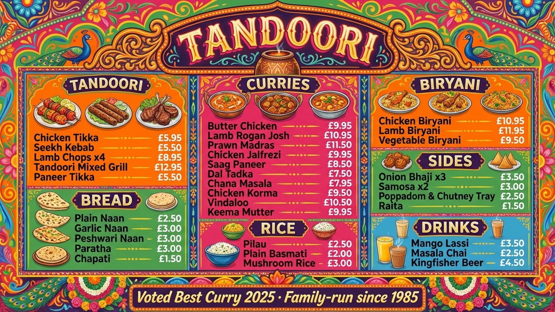 takeaway digital menu board showing indian truck art screen design