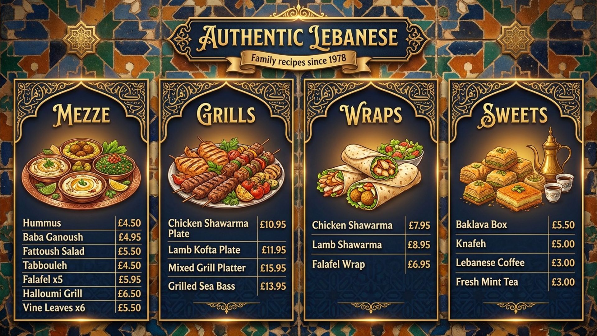 takeaway digital menu board showing lebanese mosaic screen design