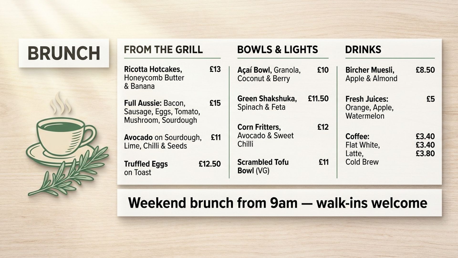 café digital signage showing brunch board screen design