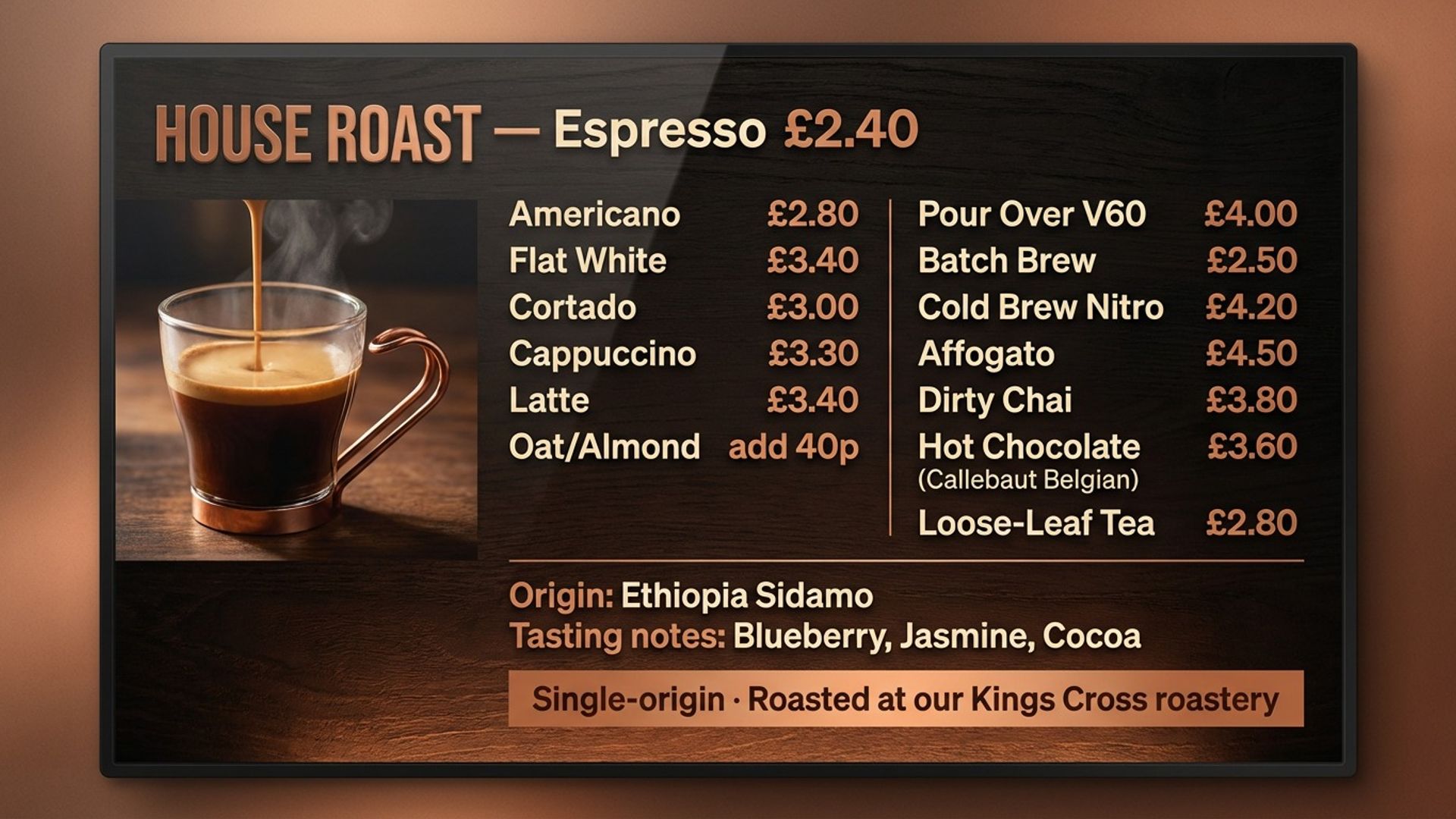 café digital signage showing coffee menu screen design