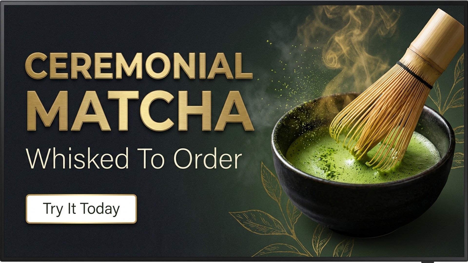 digital promo screen showing matcha latte promotion design
