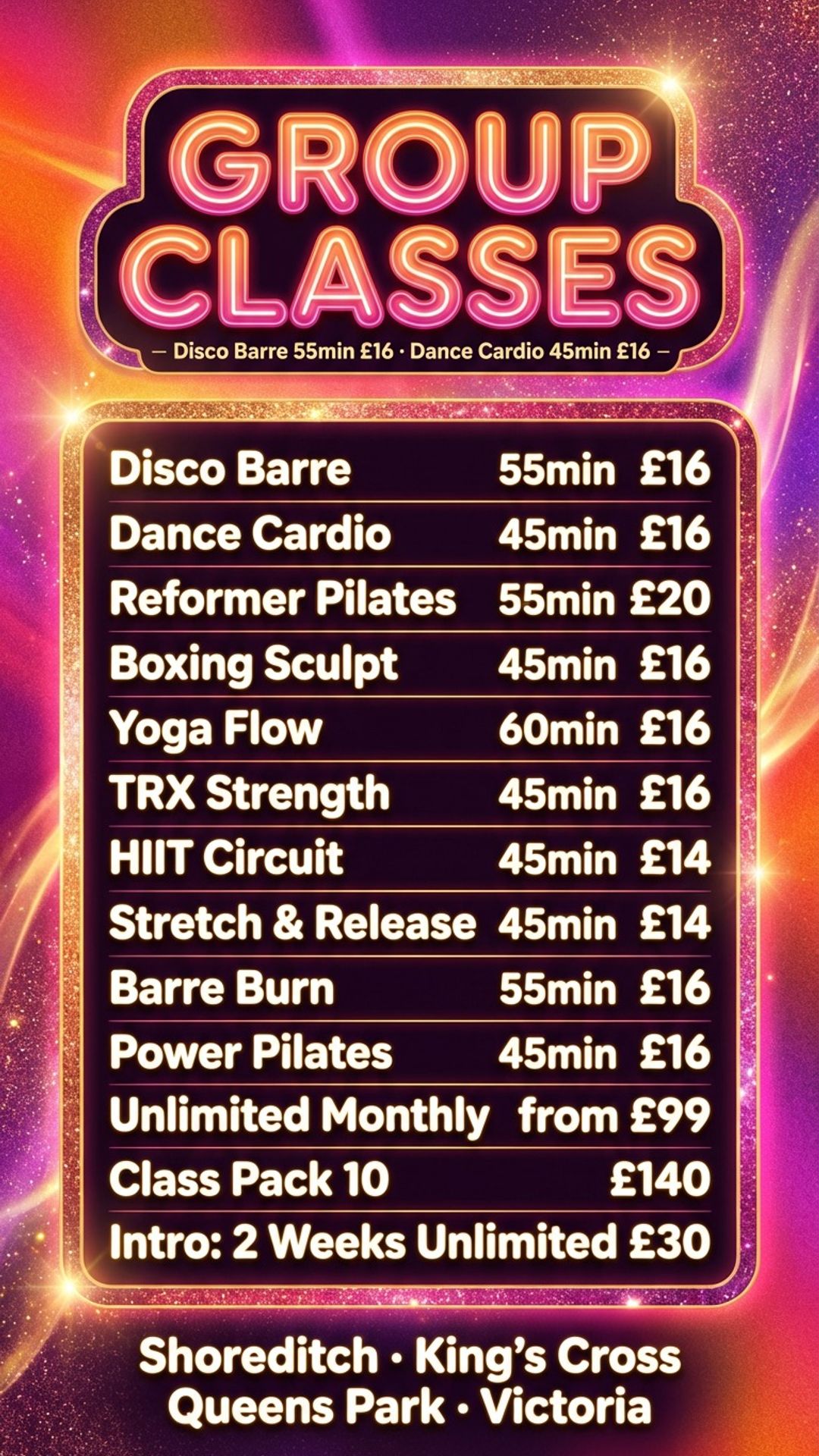 gym digital signage showing group classes screen design