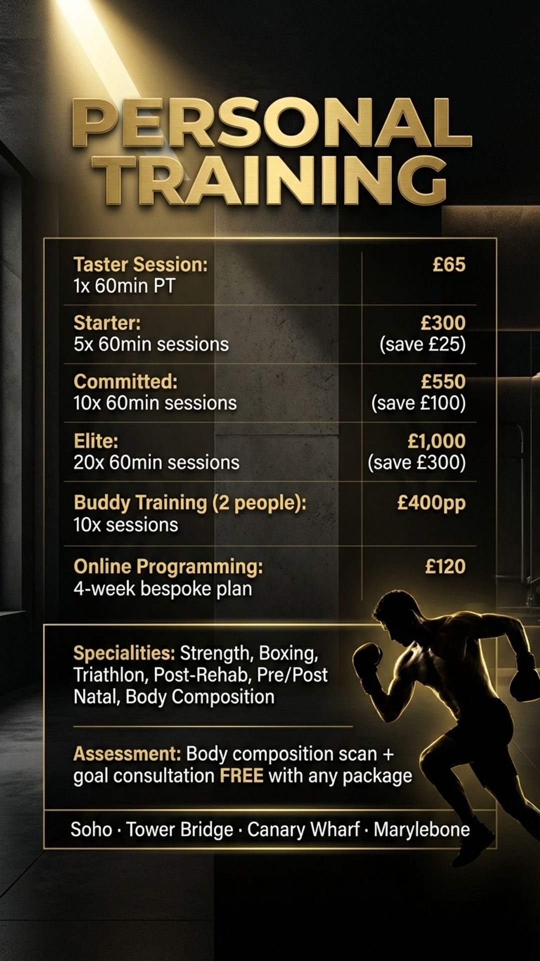gym digital signage showing pt packages screen design