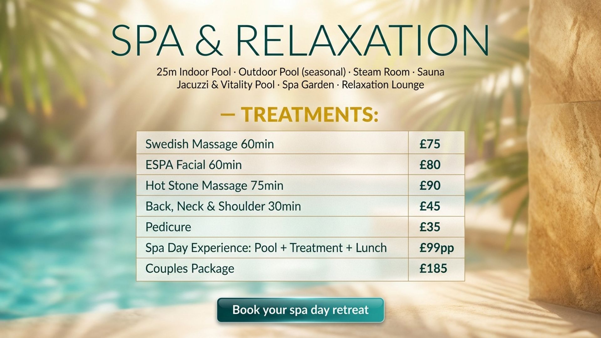 digital information screen showing spa facilities info design