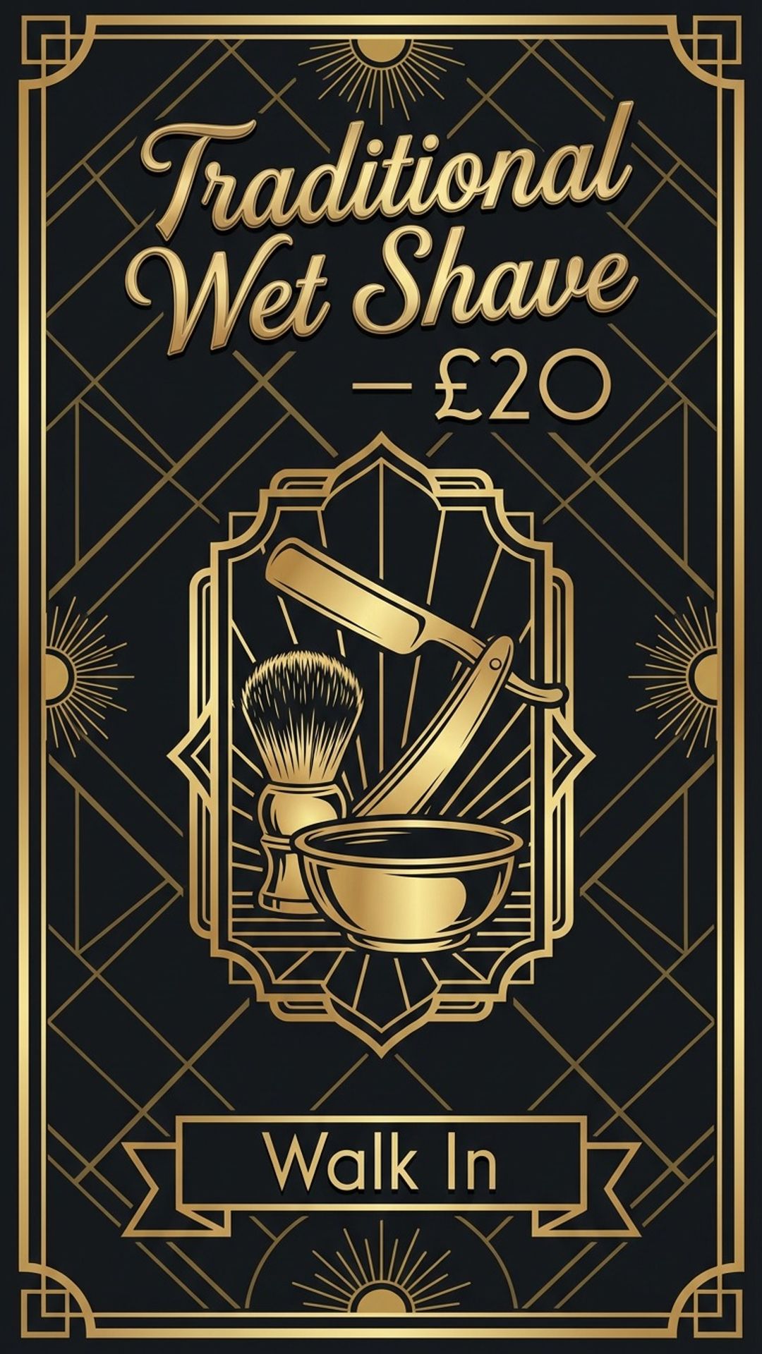 digital service screen showing art deco barber services design