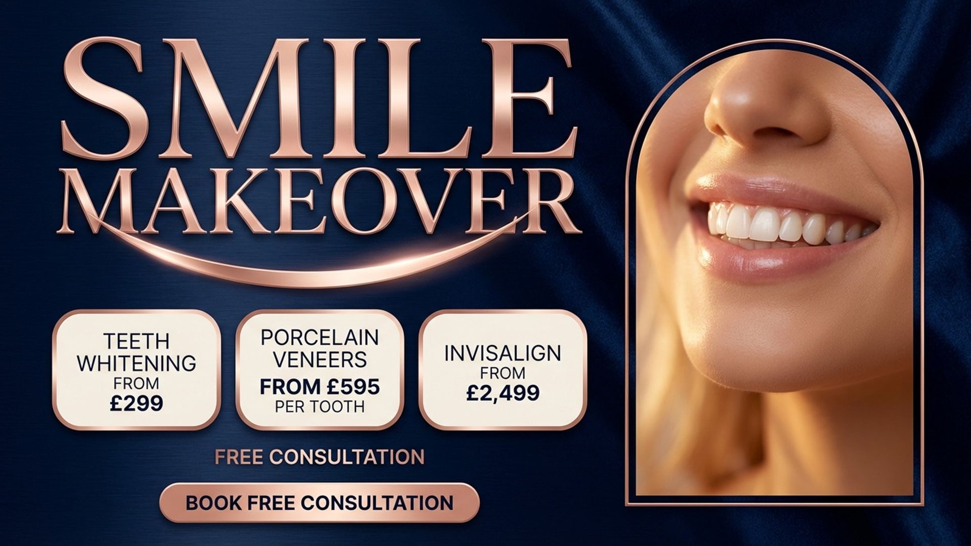 medical practice digital signage showing cosmetic dentist smile screen design