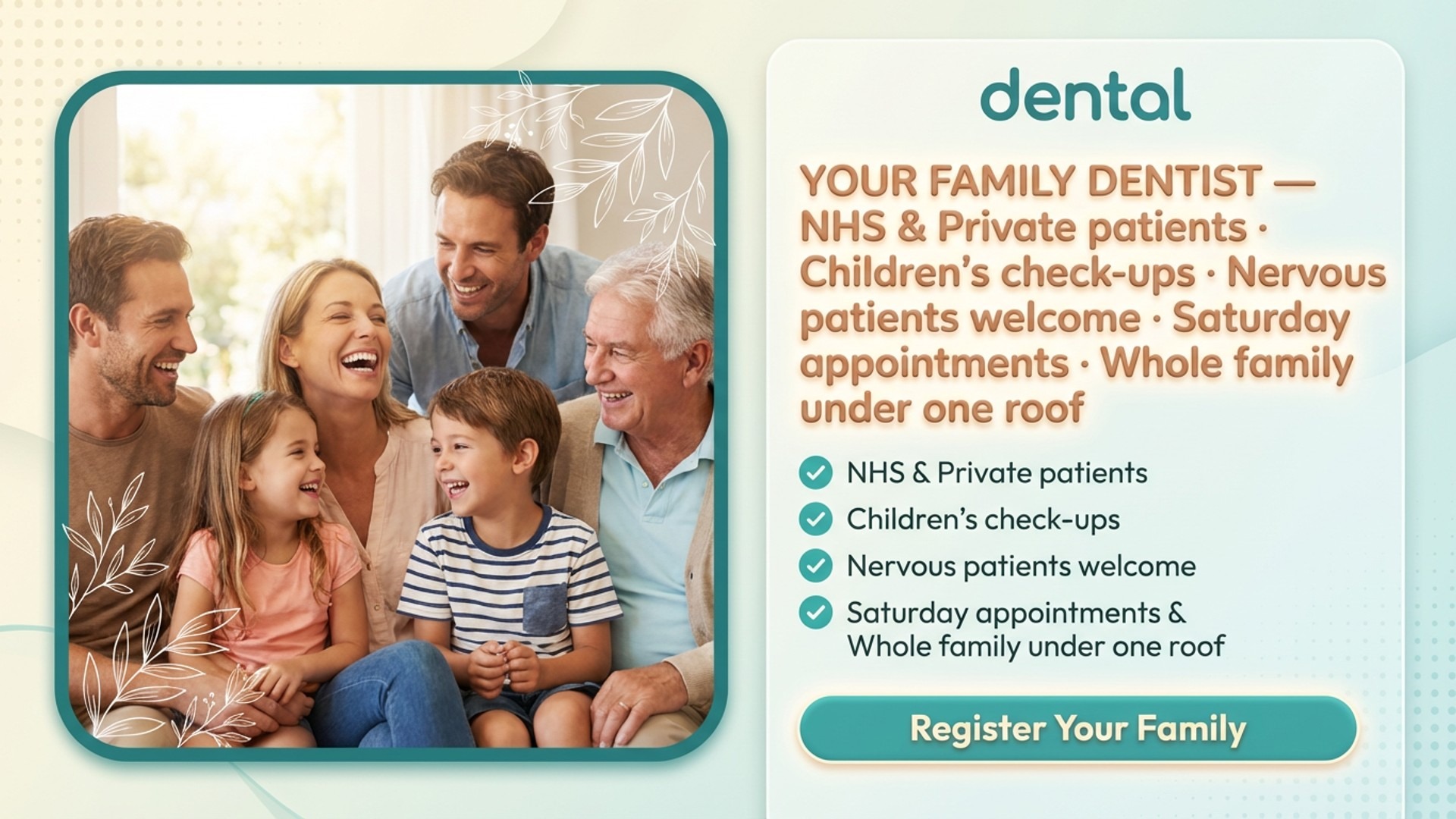 medical practice digital signage showing dental family screen design