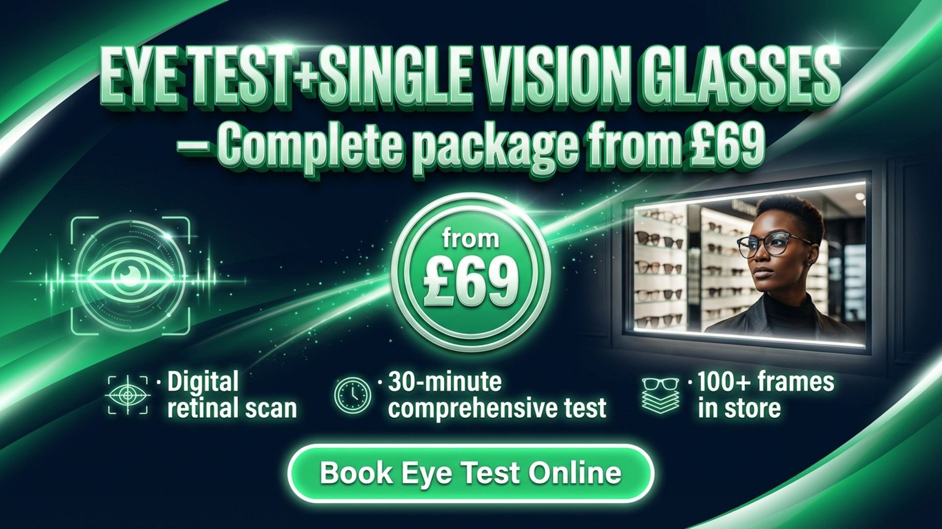 medical practice digital signage showing optician eye test screen design