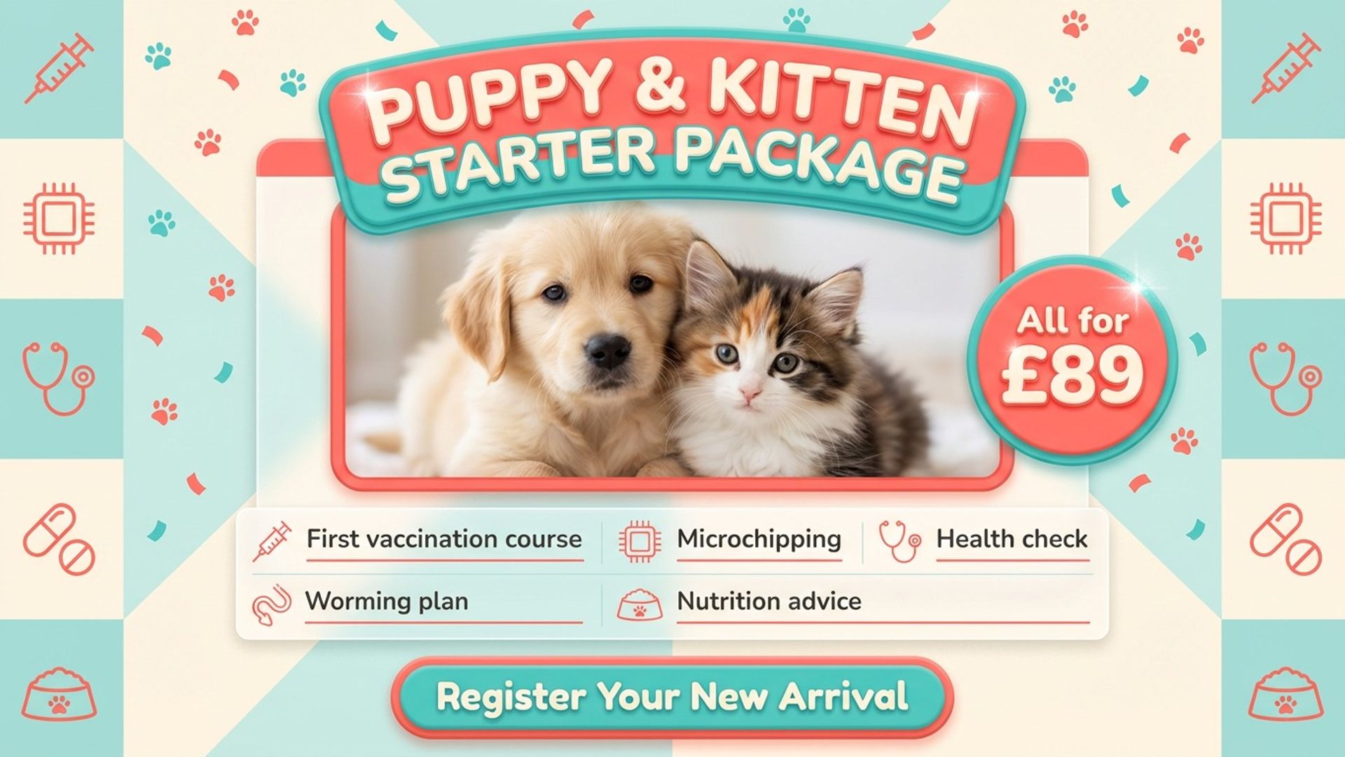 medical practice digital signage showing vet puppy kitten screen design
