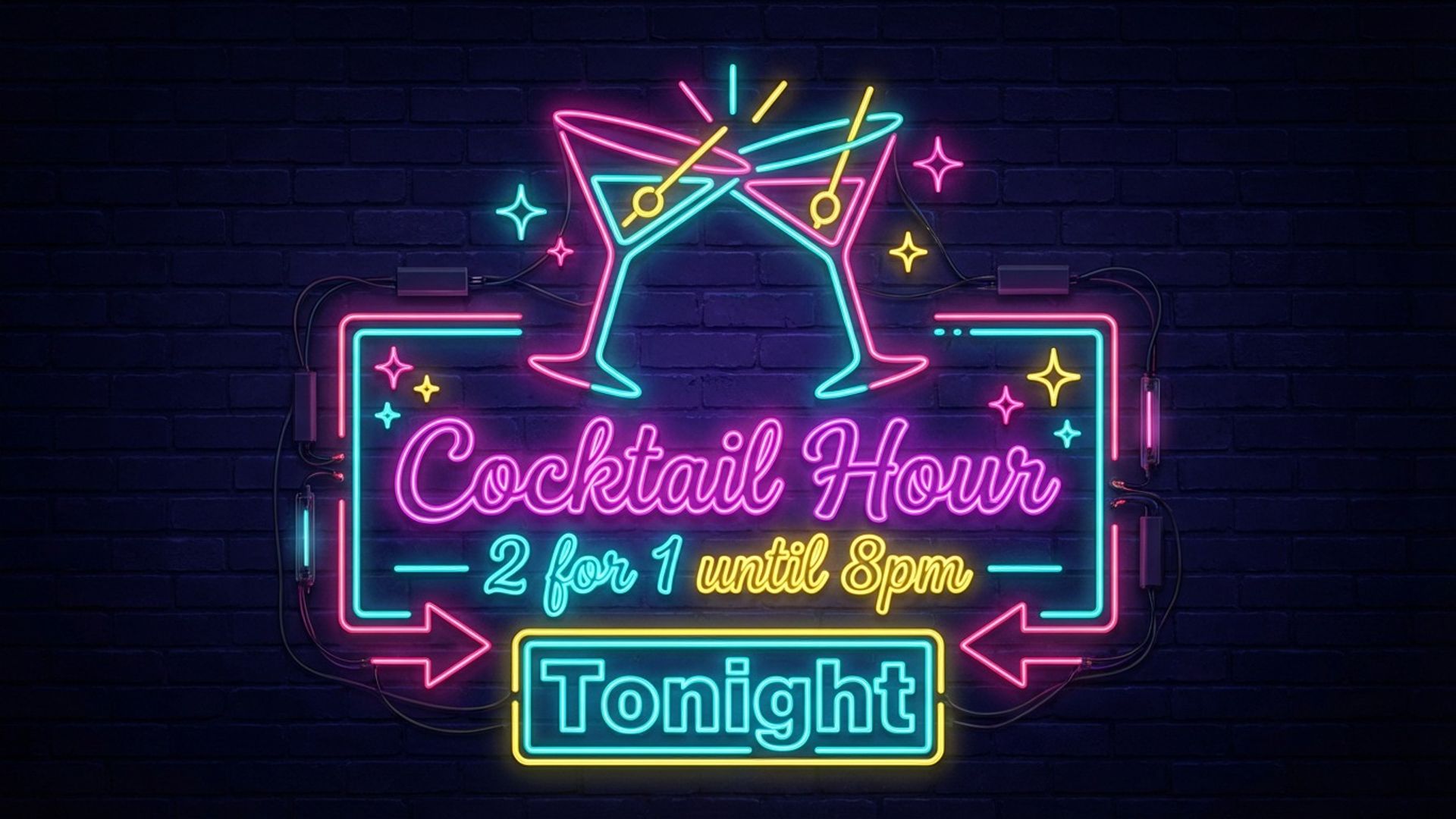 pub and bar digital signage showing neon sign cocktails screen design