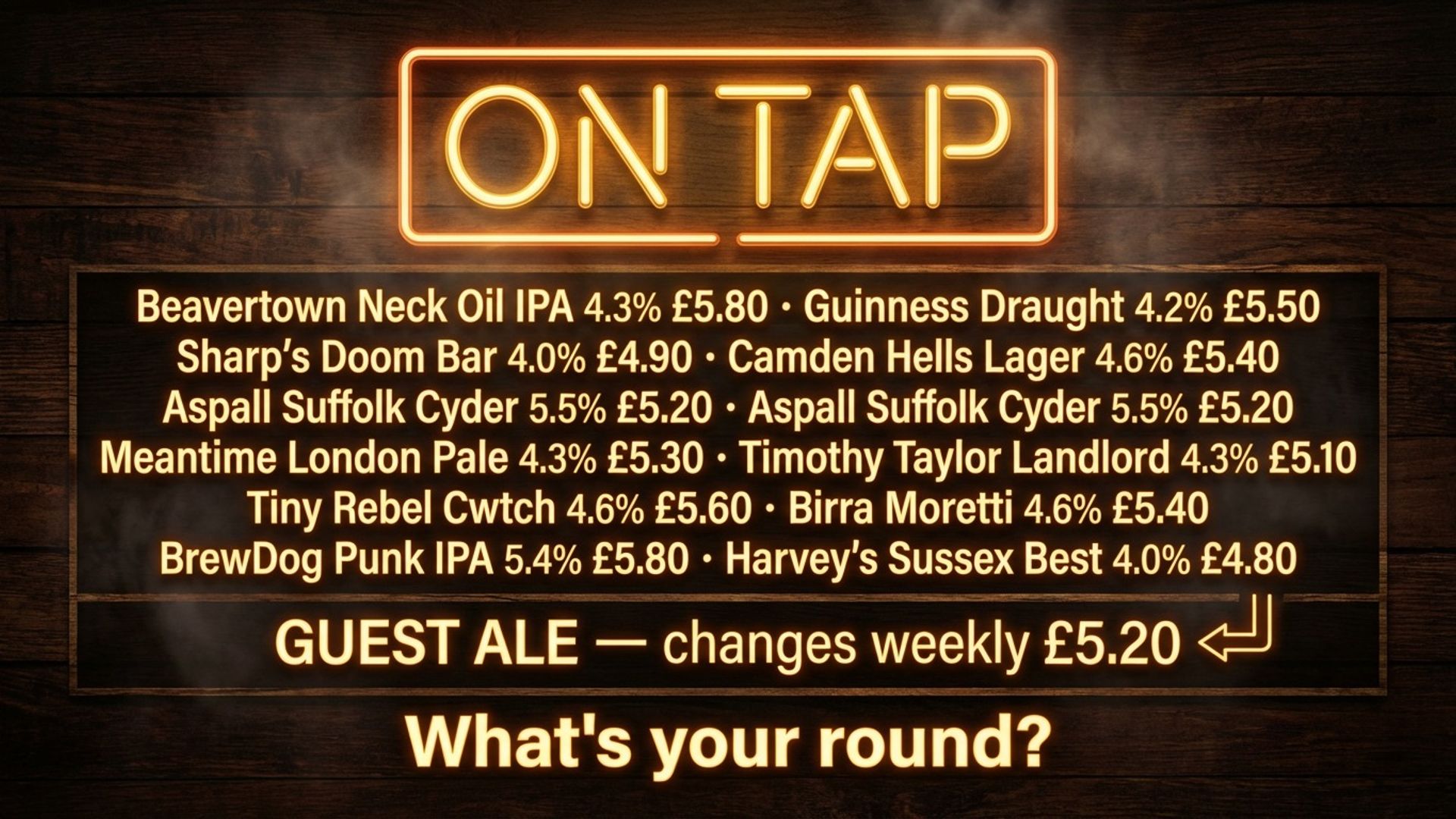 pub and bar digital signage showing pub drinks screen design