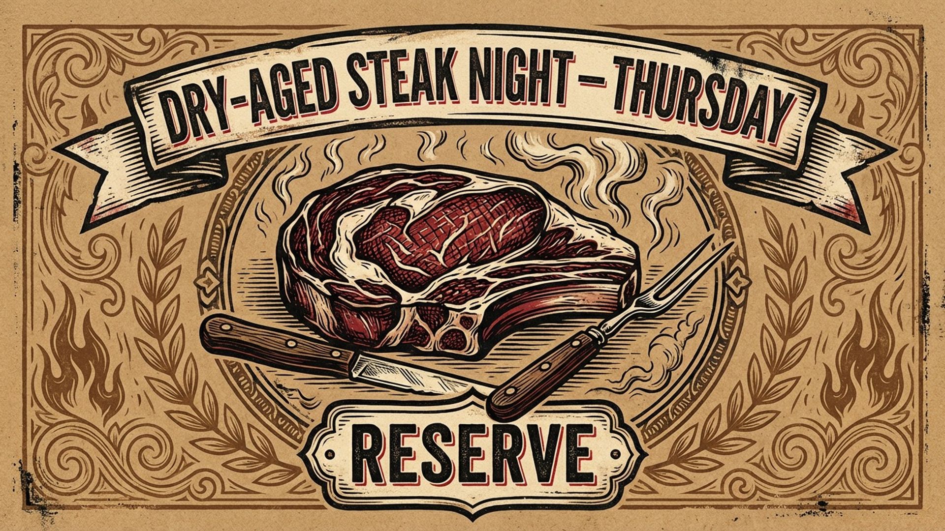 restaurant digital signage showing woodcut steakhouse screen design