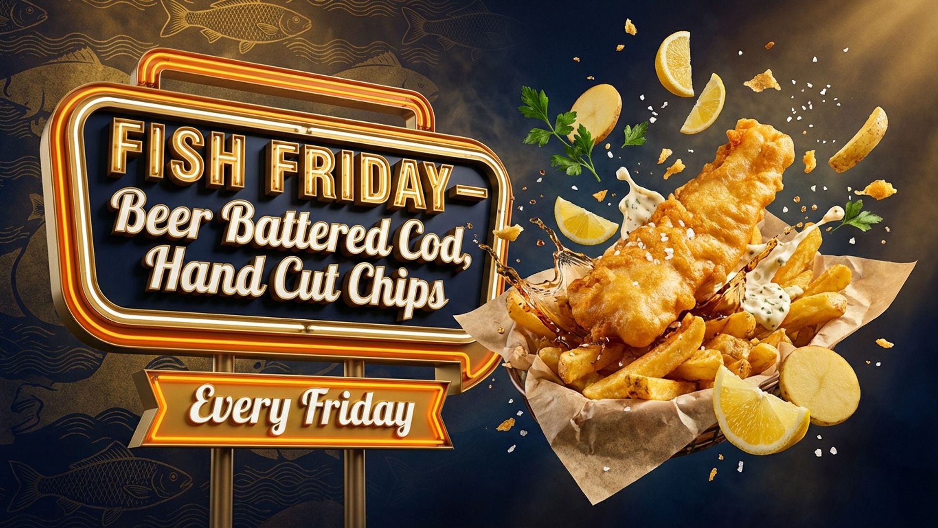 digital promo screen showing fish friday promotion design