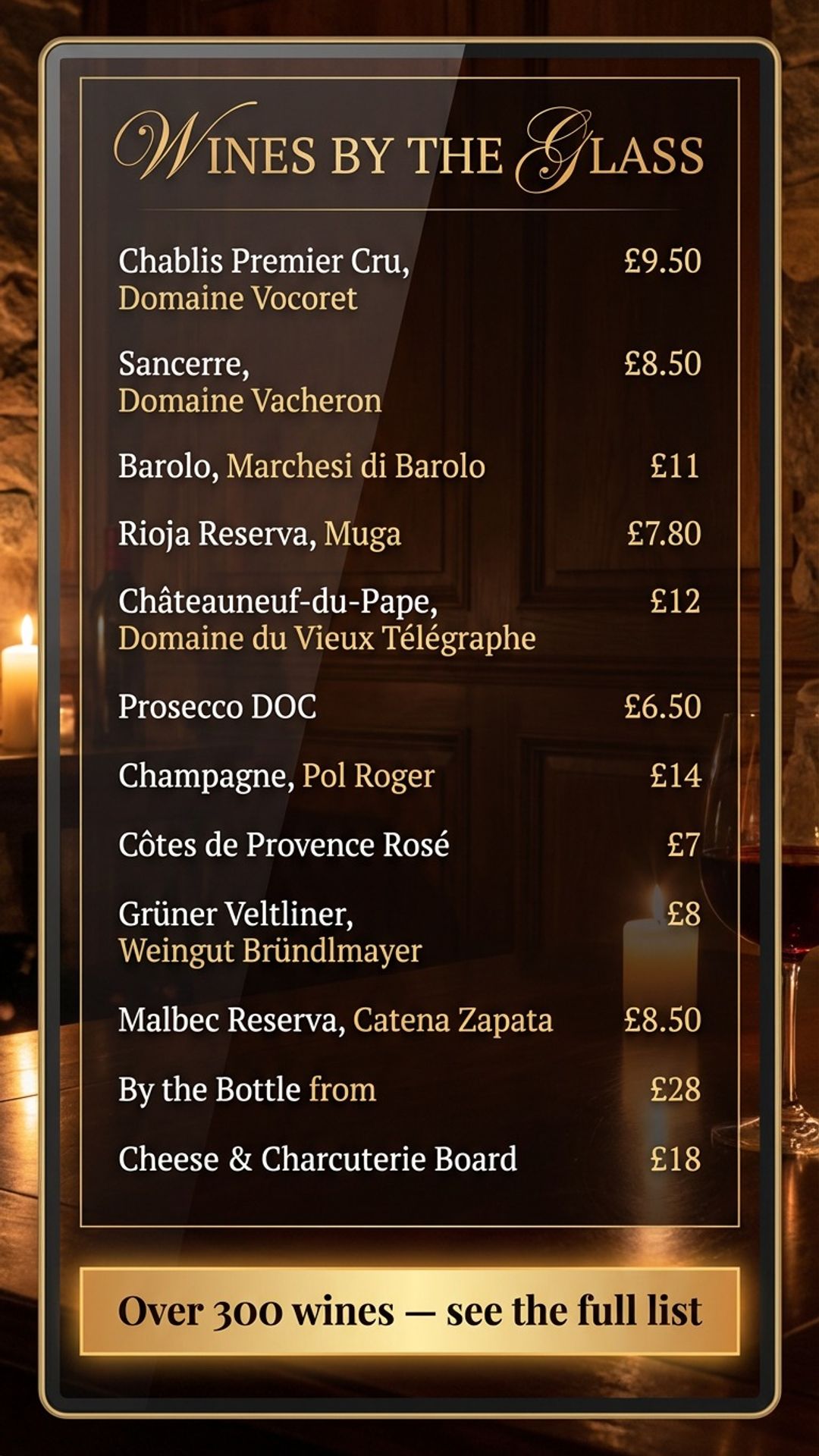 restaurant digital signage showing wine bar screen design