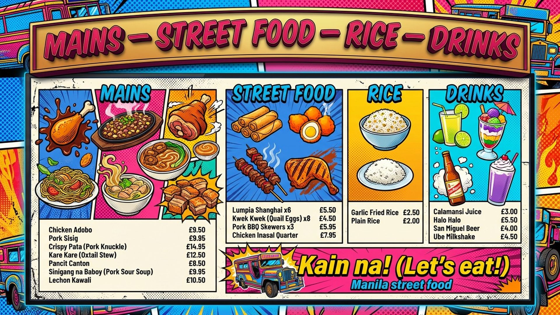 Filipino pop-art menu